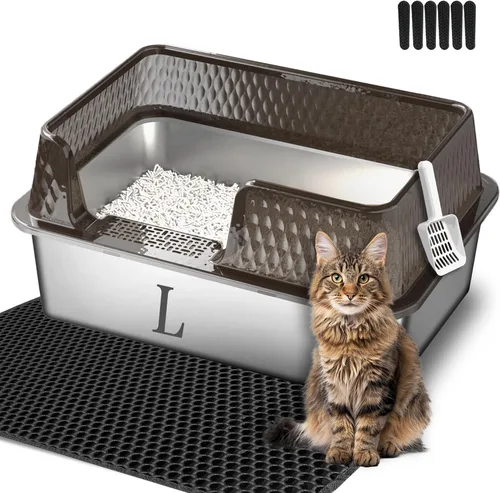Miniatura 8 de Suhaco - Caja pequeña de arena para gatos de acero inoxidable con entrada lateral, paredes altas y profundas con tapa lateral extraíble, alfombrilla