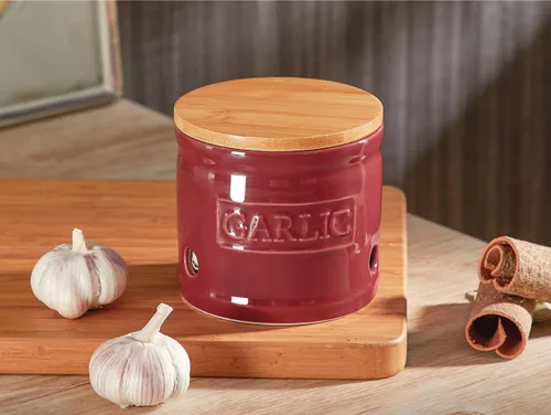 Miniatura 3 de ONEMORE Soporte de ajo con tapa, recipiente de cerámica para ajo de 4 pulgadas, rojo oscuro