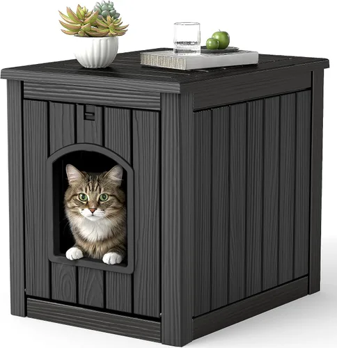 VIXZEN Casa para gatos de resina para exteriores con tapa abatible, suelo elevado impermeable, fácil acceso, fácil de montar, fácil de limpiar,