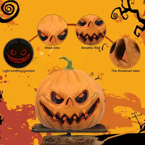 Miniatura 4 de HugOutdoor Máscara de calabaza aterradora de Halloween, mascarada, cosplay, luz LED, calabaza de látex, máscara de cabeza completa para fiesta