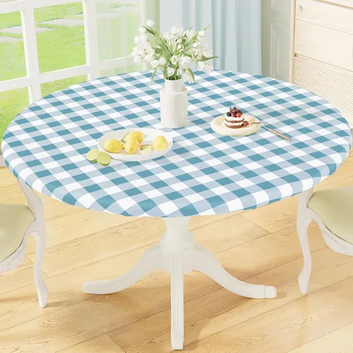 Miniatura 14 de misaya Mantel redondo ajustable con borde elástico, mantel de vinilo impermeable a cuadros de búfalo con parte trasera de franela para mesas