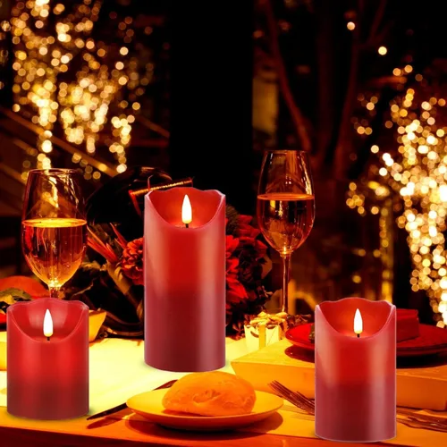 Miniatura 7 de HEIOKEY Juego de 3 velas rojas parpadeantes sin llama, velas que funcionan con pilas con control remoto de 10 teclas, vela eléctrica de pilar