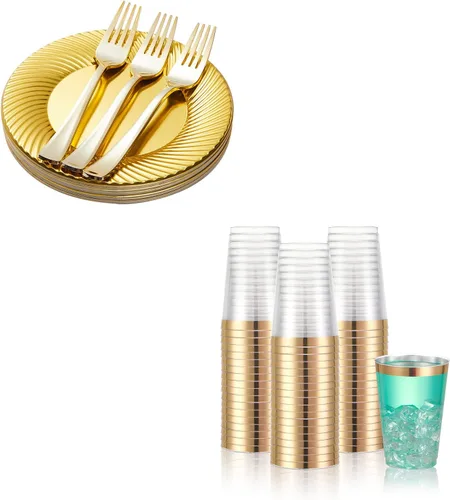 N9R 60 platos de postre de plástico dorado con tenedores y 72 vasos de plástico dorados