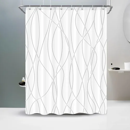 Miniatura 31 de Juego de cortinas de ducha azul egeo para baño con ganchos, cortinas de baño decorativas repelentes al agua y lavables con rayas blancas, 72 x 72