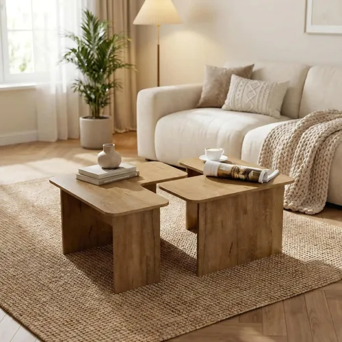 Miniatura 7 de Juego de 2 mesas de centro anidables modernas, de madera natural, en forma de L, para sala de estar, mesa auxiliar pequeña con mesa central ligera