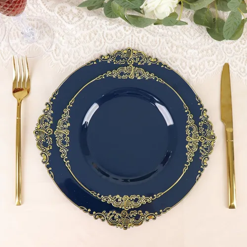 Miniatura 15 de Tableclothsfactory Paquete de 10 platos redondos de plástico barroco dorado de 8 pulgadas para ensalada de postre, vajilla desechable con borde