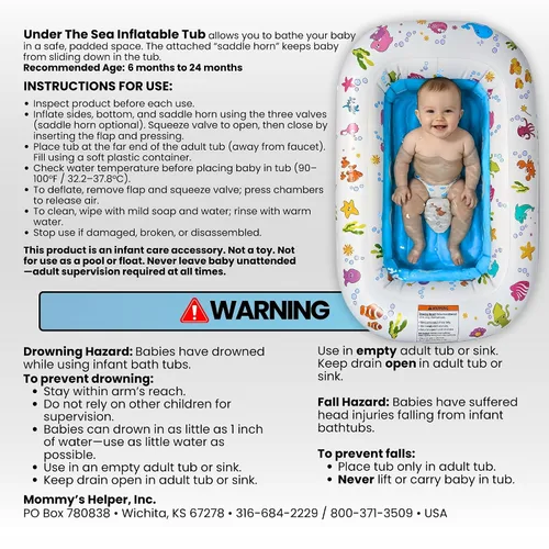 Miniatura 7 de Mommy's Helper Bañera inflable bajo el mar, bañera plegable y segura para bebé con asiento antideslizante de cuerno de sillín para niños, baño