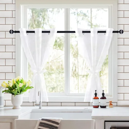 Miniatura 4 de Hiasan - Cortinas traslúcidas de gasa cortas semitransparentes con ojales y alzapaños filtrantes de luz para ventana, dormitorio, baño, 2 paneles