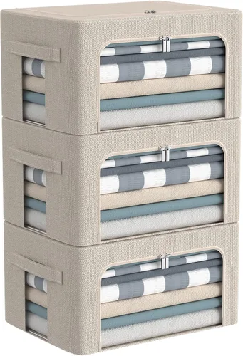 CYhom Paquete de 3 contenedores plegables de almacenamiento - Caja de almacenamiento con marco de tela de lino apilable para ropa con ventana