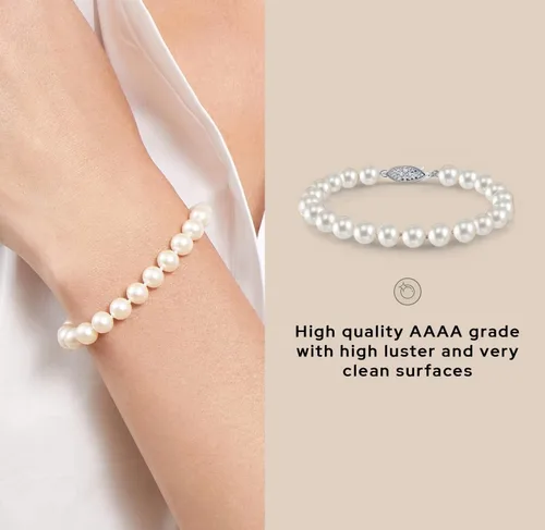 Miniatura 4 de The Pearl Source Pulsera de perlas blancas de agua dulce para mujer, pulsera de perlas cultivadas con cierre chapado en oro de 14 quilates
