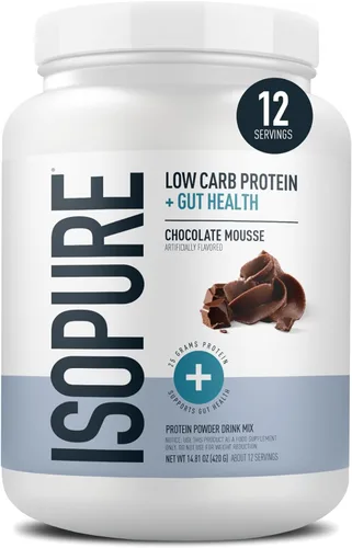 Isopure Proteína + Polvo de salud intestinal y apoyo inmune, mousse de chocolate, 25g de proteína de suero con prebióticos y vitaminas, 12 porciones