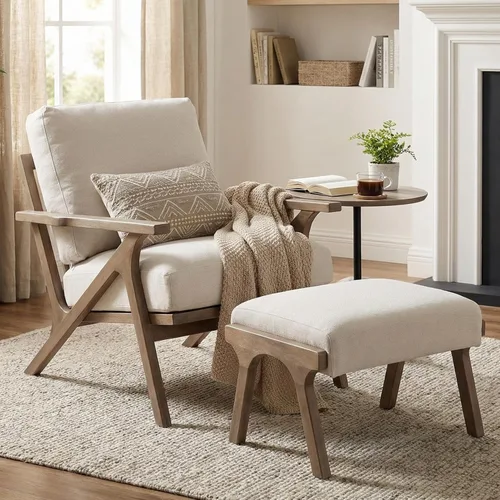 Miniatura 12 de HNY Mid-Century - Silla decorativa tapizada moderna, sillón de tela de lino con marco de madera maciza, cómoda silla de descanso con almohada