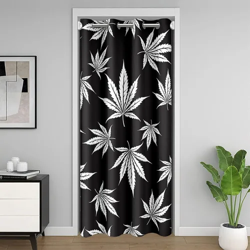 Erosebridal Cortinas opacas de hojas para ventana de puerta, cortinas opacas de hojas blancas y negras, cortina de puerta de hojas, plantas Hojas de