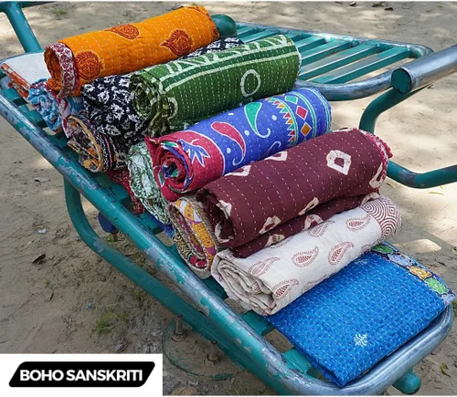 Miniatura 7 de Boho Sanskriti Colcha India, Colchas Vintage, Mantas, Ralli, Lote Kantha Cubrecama Reversible, Cubrecama, Manta, Manta de Algodón, Gudari - Piezas