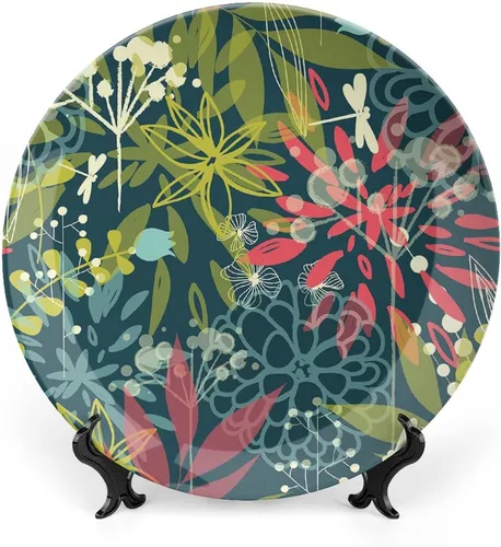 Miniatura 23 de XISUNYA Plato decorativo de 7 pulgadas, cerámica con hojas de cerámica, esqueleto, flores de primavera transparentes de fantasía, impresión de moda