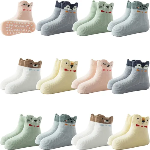 Miniatura 47 de Calcetines antideslizantes con agarre para tobillos, paquete de 12 unidades para niños pequeños, niños y niñas, lindos calcetines de algodón