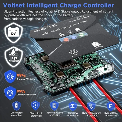 Miniatura 2 de Voltset Cargador de batería solar de 12 V – Kit de panel solar impermeable de 20 W con controlador MPPT inteligente – Mantenedor de cargador
