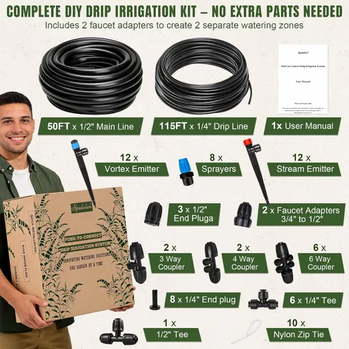 Miniatura 7 de Kit de sistema de riego por goteo a presión para conectar, sistema de riego de jardín de 2 zonas con línea principal de 50 pies y 1/2 pulgada
