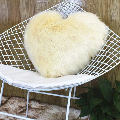 Heart Faux Fur Throw Pillow with Insert Luxury Long Plush Super Soft Solid Color Decorative Pillow Cushion for Couch Living Room Bedroom (Beige,16"