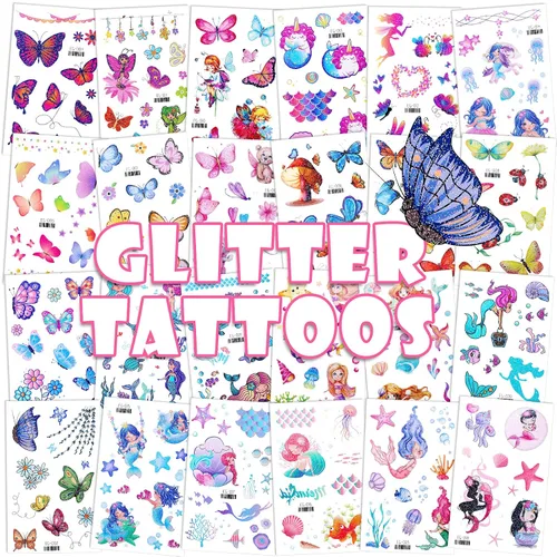 Konsait Tatuaje Temporal con Purpurina para Niñas, 24 Hojas de Calcomanías de Tatuaje de Mariposa Sirena Hada Flores para Niños, Tatuajes Falsos