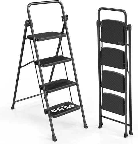 Miniatura 10 de LUISLADDERS Escalera de 5 escalones con barandillas, taburete plegable con pedal antideslizante ampliado, escalera ligera de 5 escalones plegable