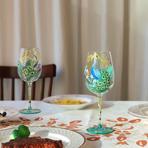 Miniatura 4 de NymphFable Copa de vino pintada a mano color pavo real, diseño artesanal pintado 15oz, regalo personalizado para tu mejor amigo