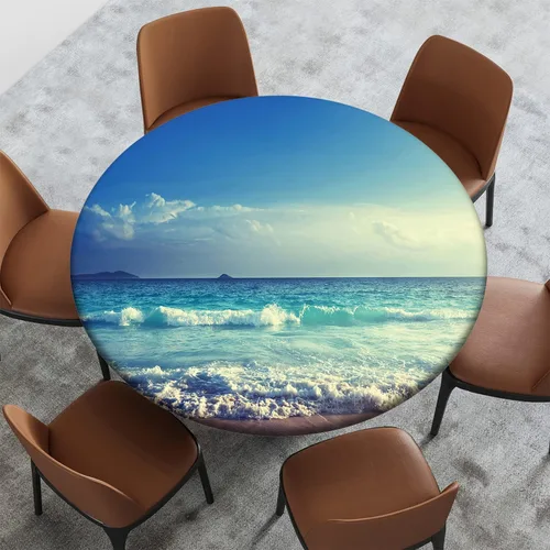 Miniatura 56 de Mantel con patrón de playa, borde elástico, impermeable, lavable, para uso en interiores y exteriores, patio, turquesa aguamarina, para mesas