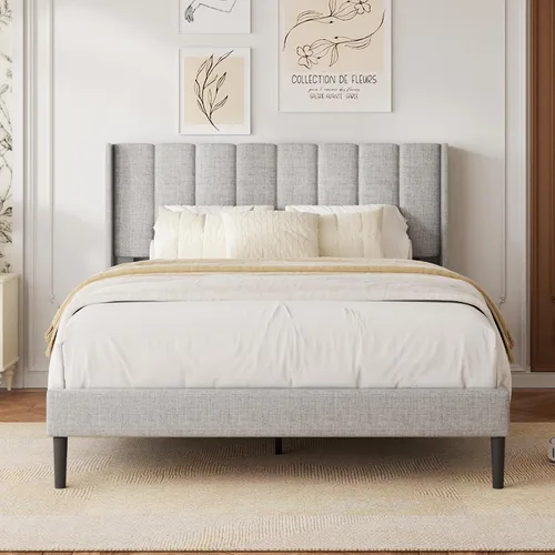 Miniatura 11 de Base de cama tamaño Queen con cabecero vertical Chanel acolchado y respaldo de alas, cama de plataforma tapizada, listones de madera fuertes, fácil
