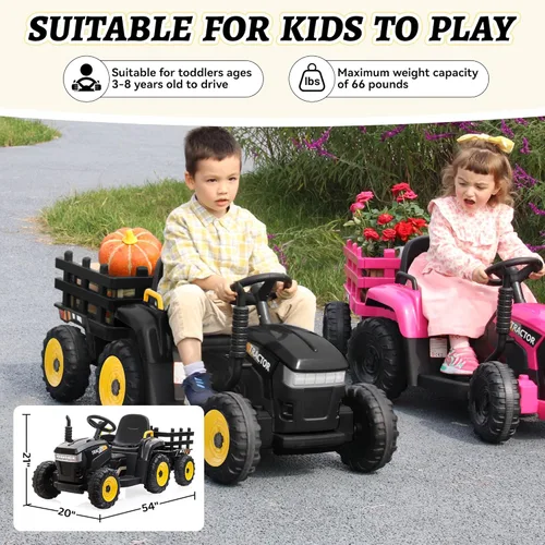 Miniatura 7 de TOBBI - Tractor de juguete a batería de 12 V con remolque color verde, rosado y rojo Negro