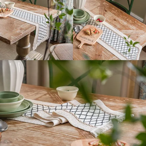 Miniatura 6 de Camino de mesa, camino de mesa bohemio, decoración de mesa de lino de algodón, caminos de mesa de granja con borlas para boda, despedida de soltera