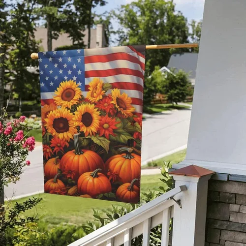 Miniatura 5 de Bandera de Estados Unidos, calabazas y girasoles, bandera de jardín, otoño, vacaciones, bienvenida, patio, granja, exteriores, banderas decorativas