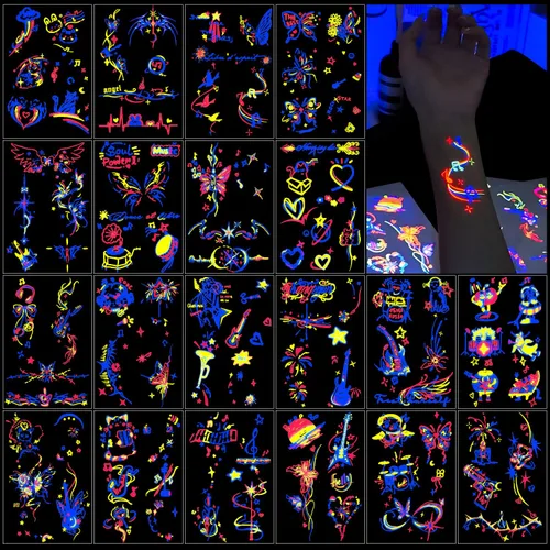 Miniatura 10 de Tatuajes Temporales 170 PCS Tatuajes que Brillan en la Oscuridad que Reaccionan a la Luz Negra UV de Neón, Tatuajes para Niños, Adolescentes