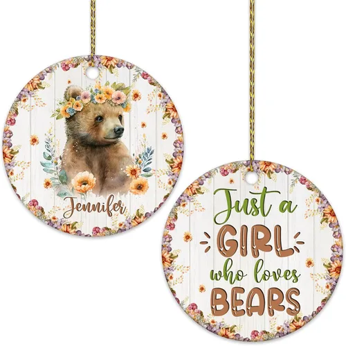 Hyturtle Adorno de Navidad personalizado para los amantes de los osos, adorno de cerámica con nombre personalizado de Just A Girl Who Loves Bears,