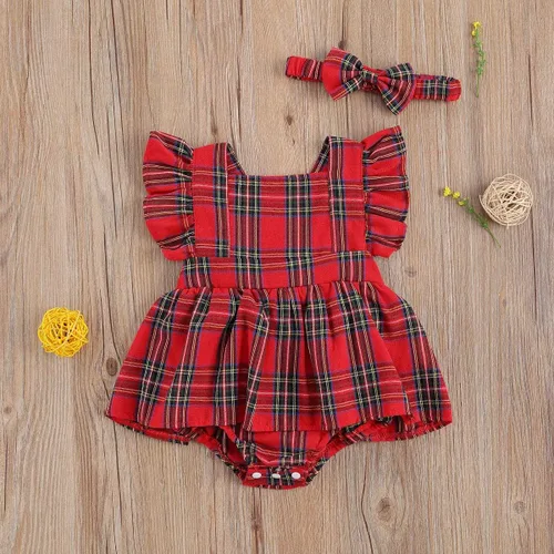 Miniatura 4 de GuliriFei Mameluco de Navidad para bebés y niñas, vestido de body rojo a cuadros para niños pequeños, manga con volantes, traje de fiesta