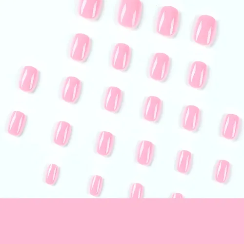 Miniatura 4 de Uñas postizas cuadradas a presión cortas, uñas postizas rosas, uñas postizas acrílicas, diseño brillante de cubierta completa, uñas adhesivas, uñas
