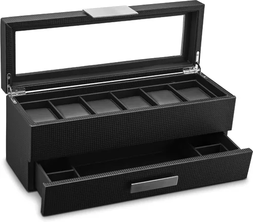 Miniatura 5 de Caja de reloj con cajón de Valet para hombre - organizador de exhibición de la caja de reloj de lujo de 6 ranuras, diseño de fibra de carbón