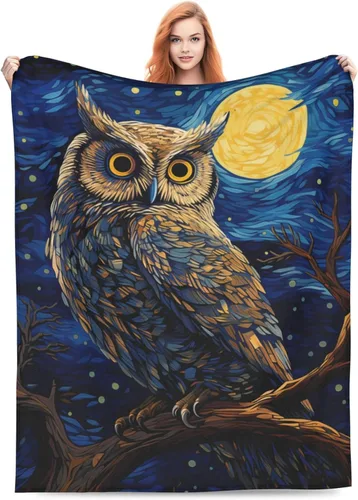 Manta de búho para adultos y niños, regalos para los amantes de los búhos, manta de franela con pintura de cielo estrellado azul, suave, cómoda,