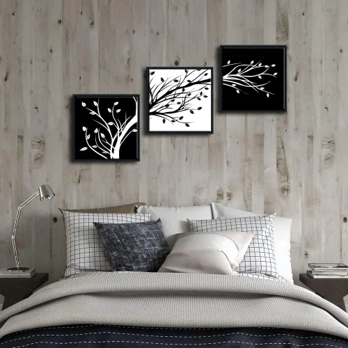 Miniatura 5 de Wieco Art - Hojas enmarcadas modernas de 3 paneles, arte de flores en lienzo, impresiones en negro y blanco, árboles florales abstractos, pinturas