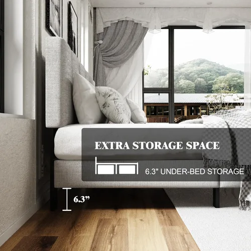 Miniatura 4 de Sismplly - Base de cama plataforma tamaño Queen con cabecero tapizado, soporte de listones de madera, sin ruido, no necesita somier, fácil montaje