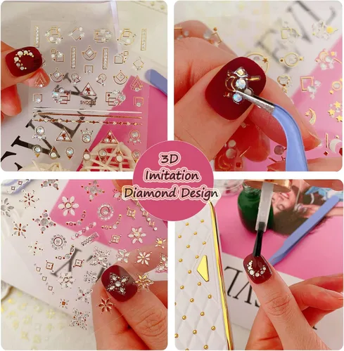 Miniatura 7 de 20 hojas de calcomanías de uñas 3D, diseño de oro/diamante, lujosas calcomanías de uñas autoadhesivas con relieve, calcomanías de uñas de flores