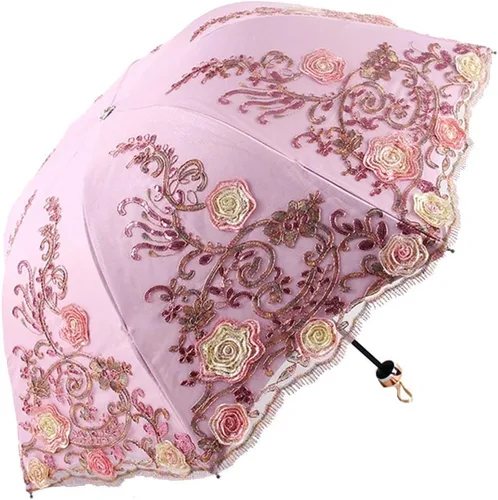 Miniatura 182 de Honeystore Sombrilla bordada con flor 3D plegable UV con encaje clásico