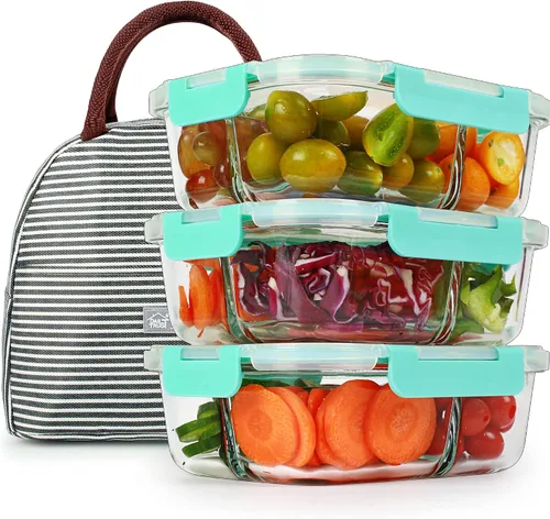 Miniatura 7 de DAS TRUST Paquete de 3 recipientes de almacenamiento de alimentos, 2 compartimentos, recipientes de vidrio para preparación de comidas con tapas