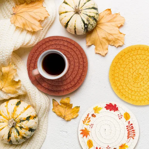 Miniatura 5 de Posavasos de otoño de Acción de Gracias de Whaline Hojas de arce hechas a mano trenzadas de algodón para bebidas, naranja y amarillo