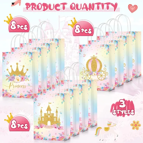 Miniatura 4 de Sepamoon 24 bolsas de recuerdos de fiesta con temática de princesa príncipe, corona, castillo, con asas, incluye 3 estilos de bolsas de dulces