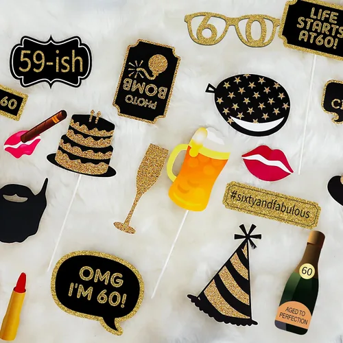 Miniatura 6 de Accesorios para cabina de fotos de cumpleaños 60 – 41 piezas de decoraciones de fiesta de cumpleaños negro y dorado para hombres y mujeres