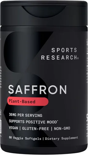 Sports Research® Suplemento de azafrán puro, 30 mg - Apoyo al estado de ánimo y el estrés - Hecho con extracto de azafrán Affron® - Certificado
