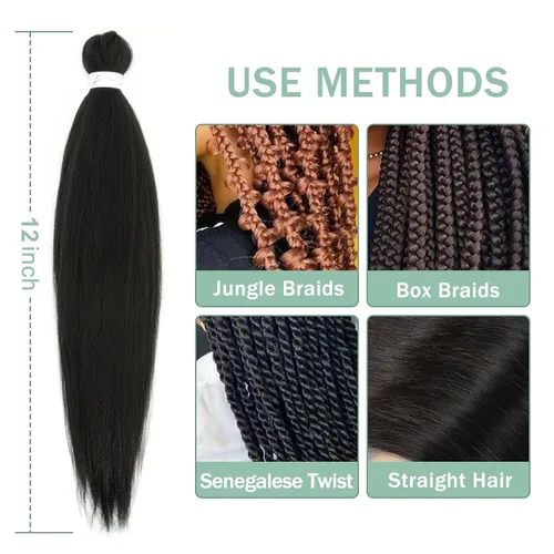 Miniatura 4 de Cabello trenzado preestirado de 12 pulgadas, 3 paquetes de cabello sintético negro natural corto preestirado, textura Yaki, extensiones de cabello