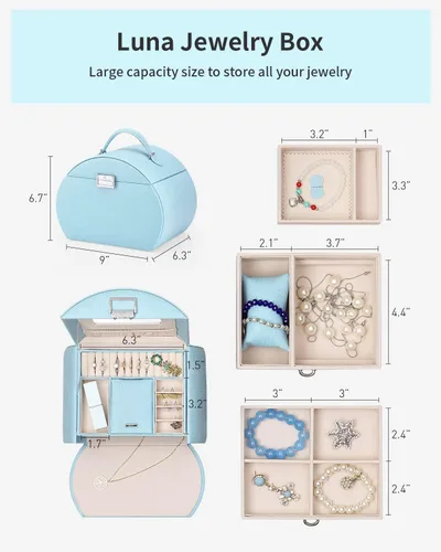 Miniatura 3 de Caja de joyería Vlando para niñas, estilo princesa, tamaño mediano, fabulosos regalos para niñas (color azul)