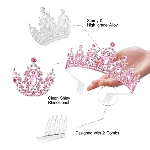 Miniatura 7 de Didder Tiaras de cristal rosa para mujer, corona de princesa con peine, tiaras de boda y coronas para mujeres, tiaras para niñas, fiesta de 03 Rosa