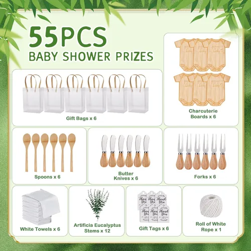 Miniatura 3 de 55 piezas de premios de baby shower para ganadores de juegos, 6 juegos de tabla de queso en forma de mameluco con cucharas, esparcidores de Body